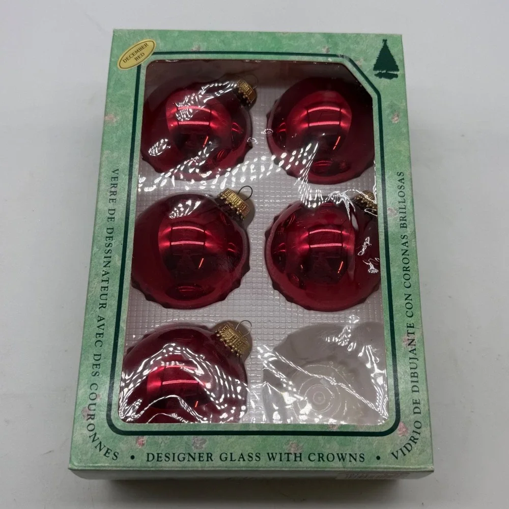 Christmas by Krebs December Red Glass Ornaments Set of 5 with Gold Crowns Box